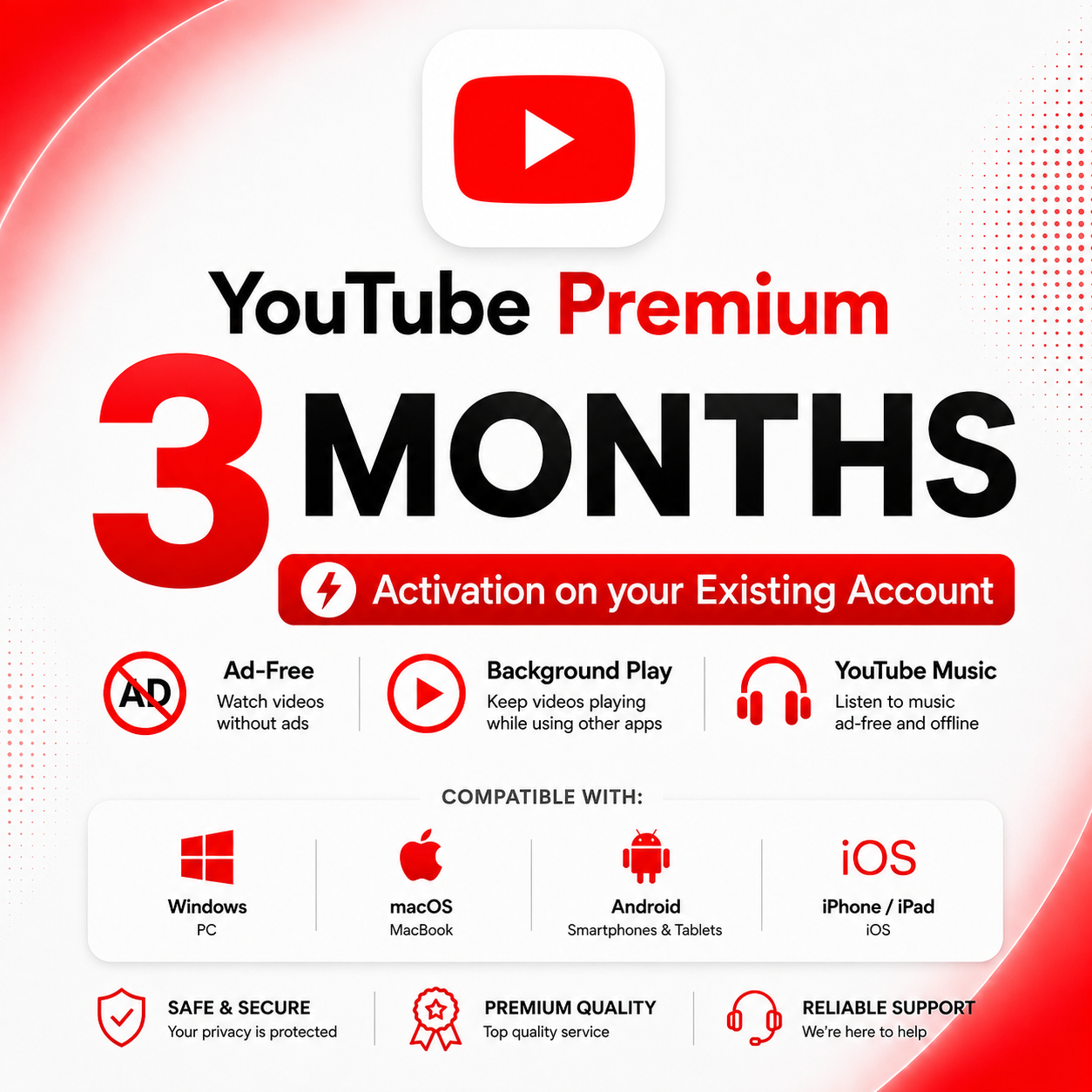 YouTube Premium & Music 3 months | Instant activation | Enjoy ad-free on an existing account
