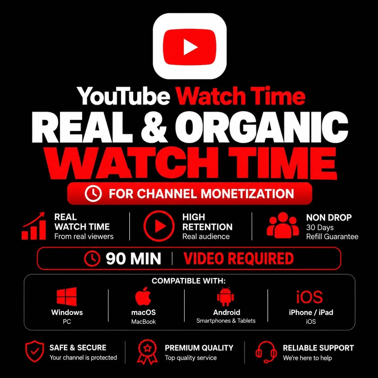Youtube Watchtime || Non Drop || 30 Days Refill