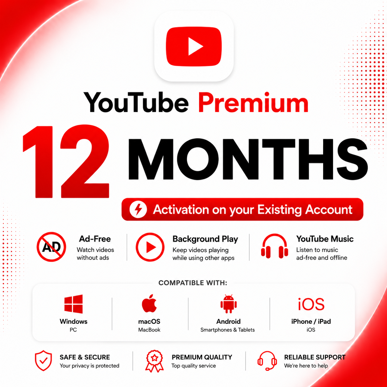 YouTube Premium & Music 12 months | Instant activation | Enjoy ad-free on an existing account