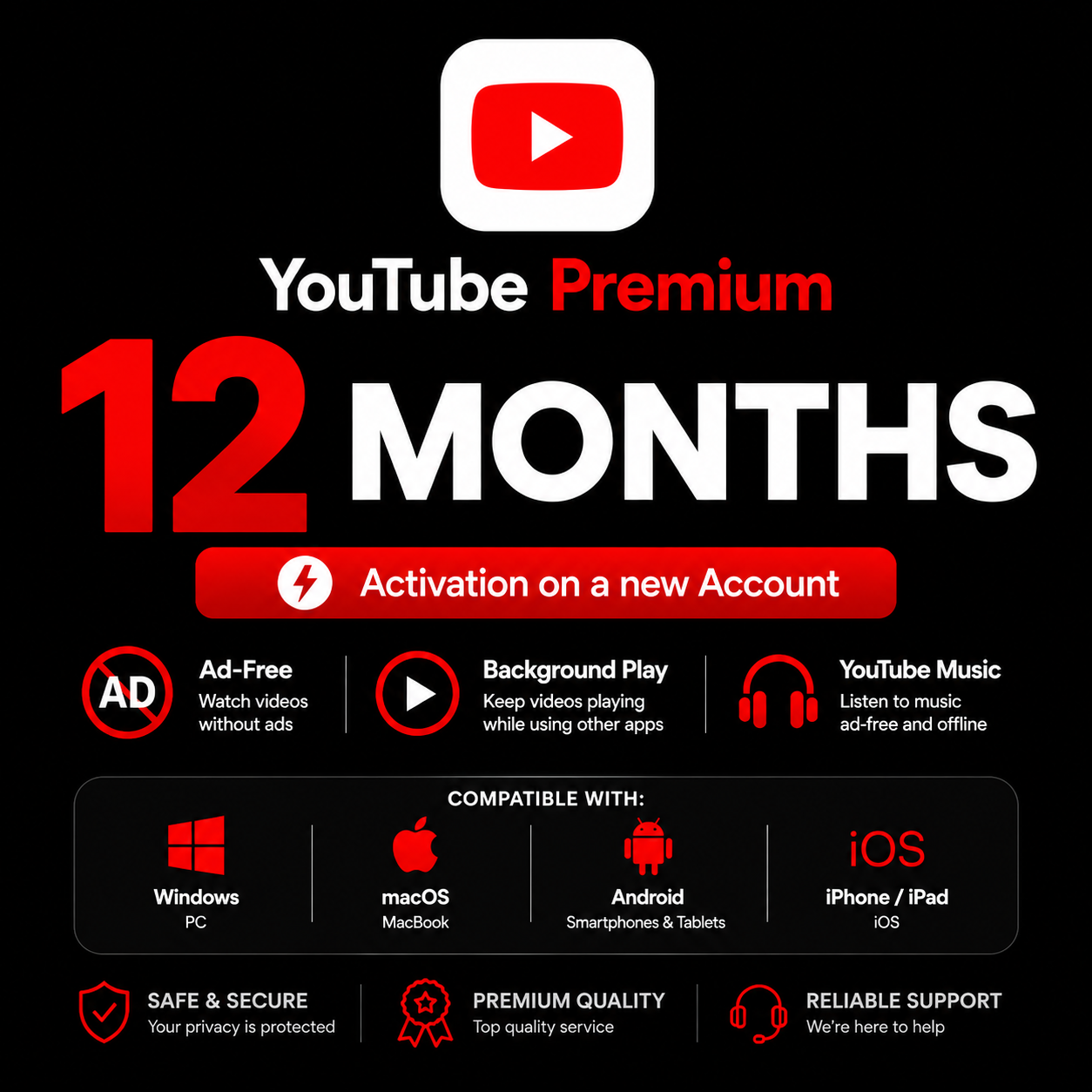 YouTube Premium & Music 12 months | New Account | Enjoy ad-free | Instant activation & guarantee