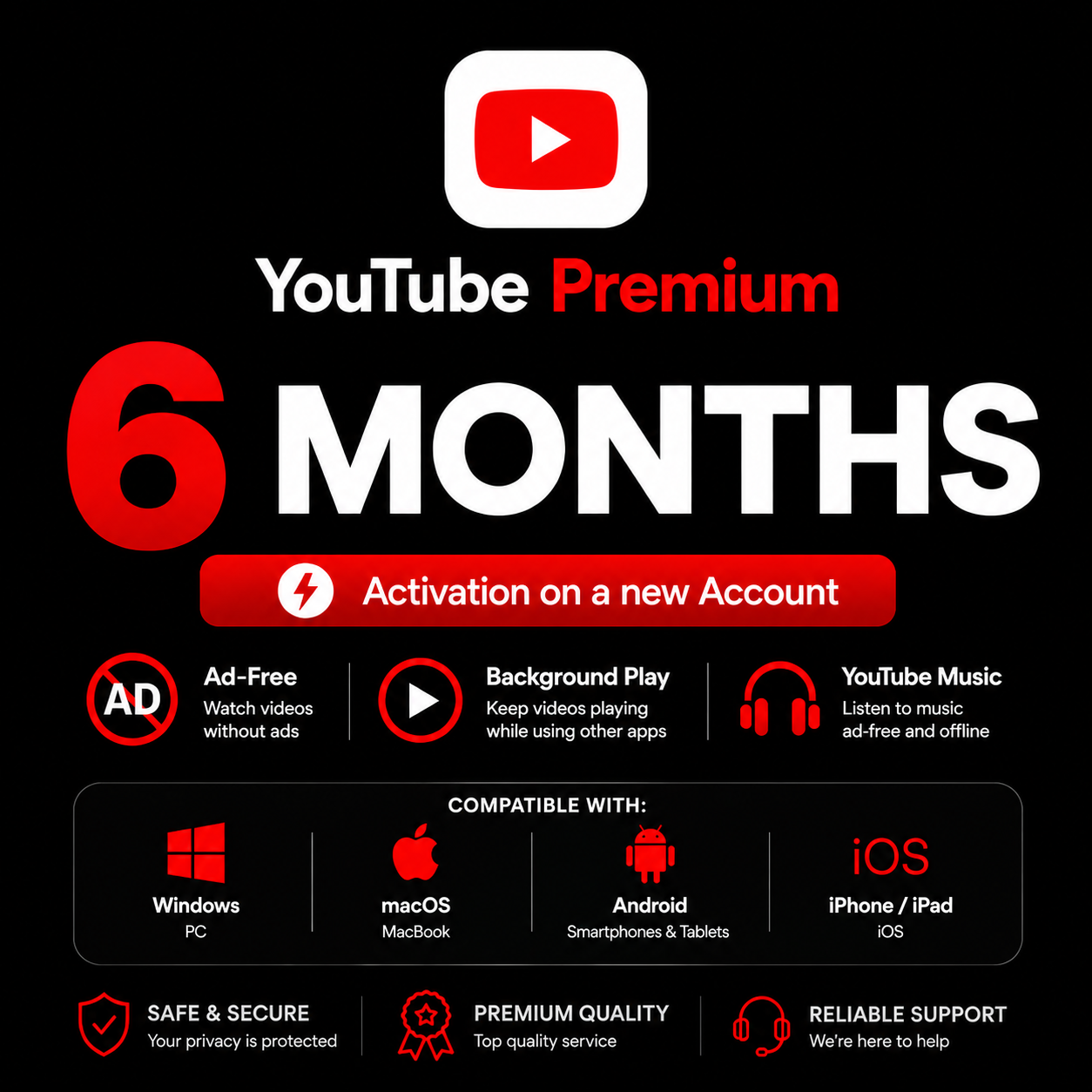 YouTube Premium & Music 6 months | New Account | Enjoy ad-free | Instant activation & guarantee