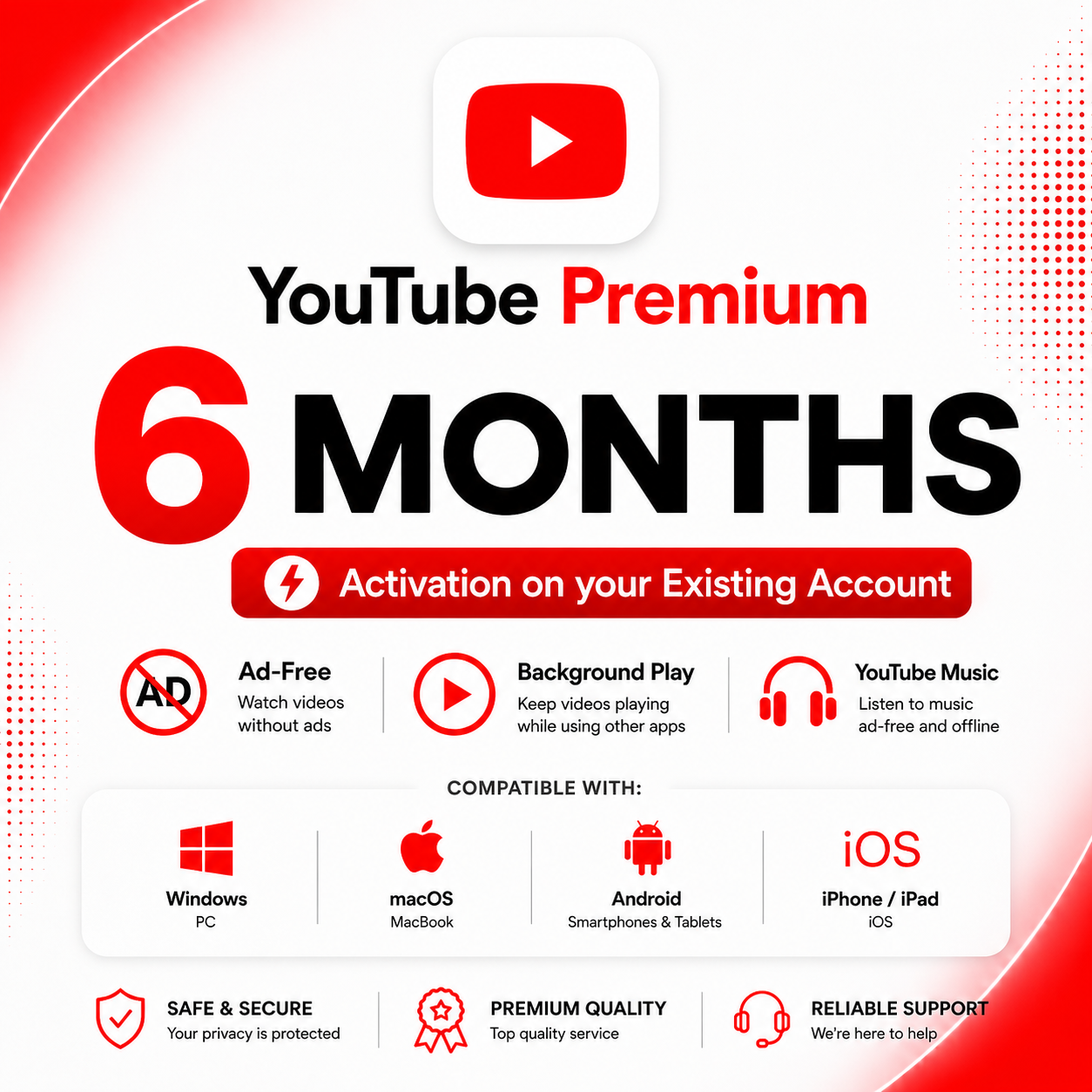YouTube Premium & Music 6 months | Instant activation | Enjoy ad-free on an existing account