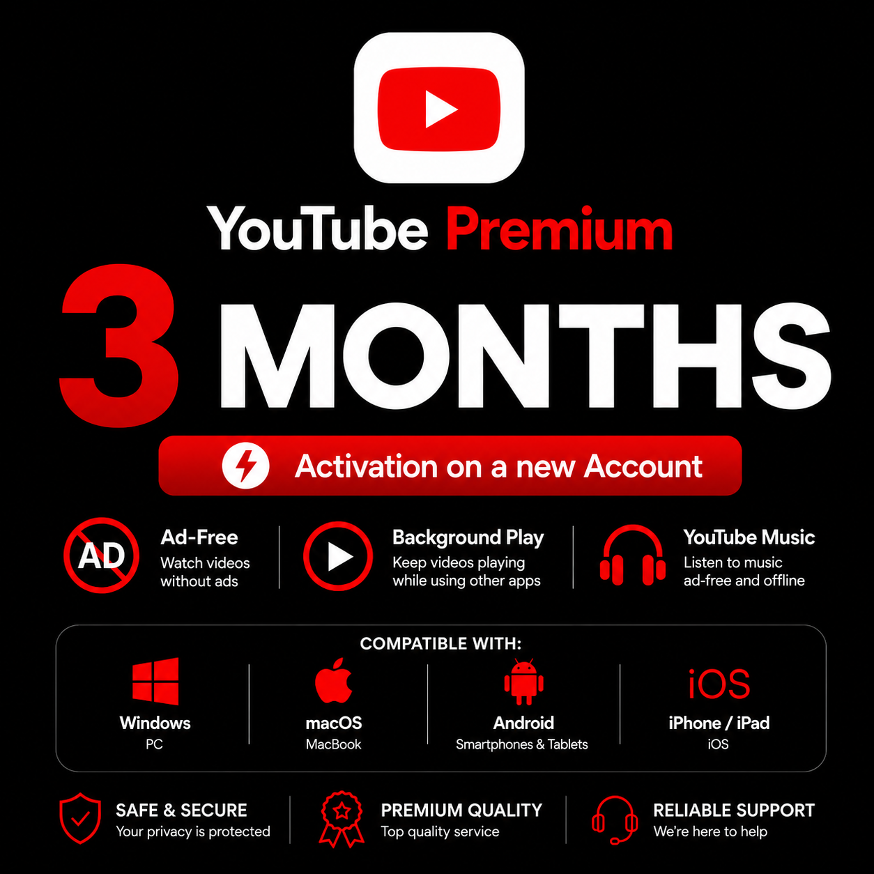 YouTube Premium & Music 3 months | New Account | Enjoy ad-free | Instant activation & guarantee
